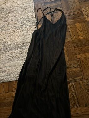 Black Satin Midi Slip Dress with Spaghetti Straps